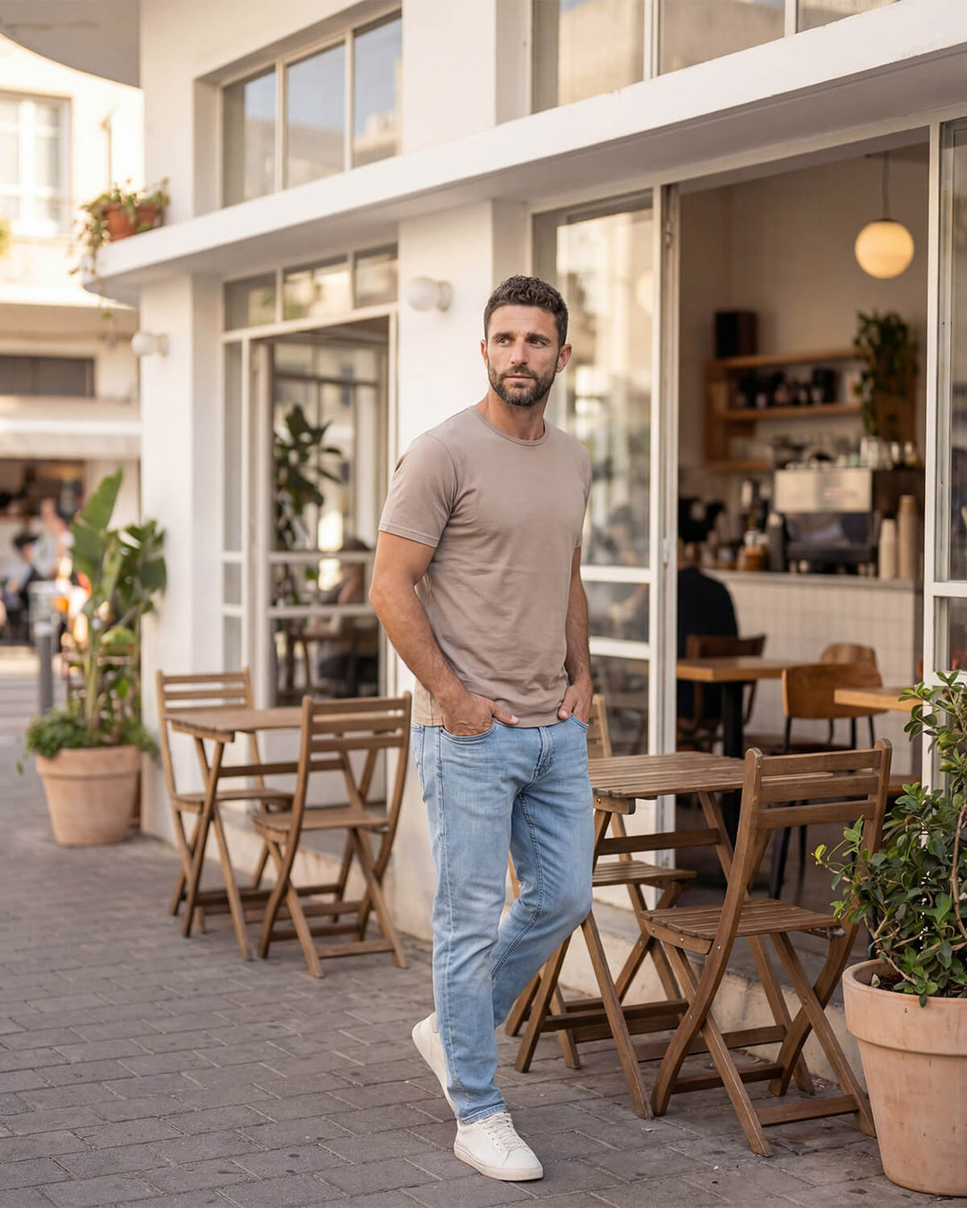 חולצת במבוק לגבר בצבע חום צווארון דק