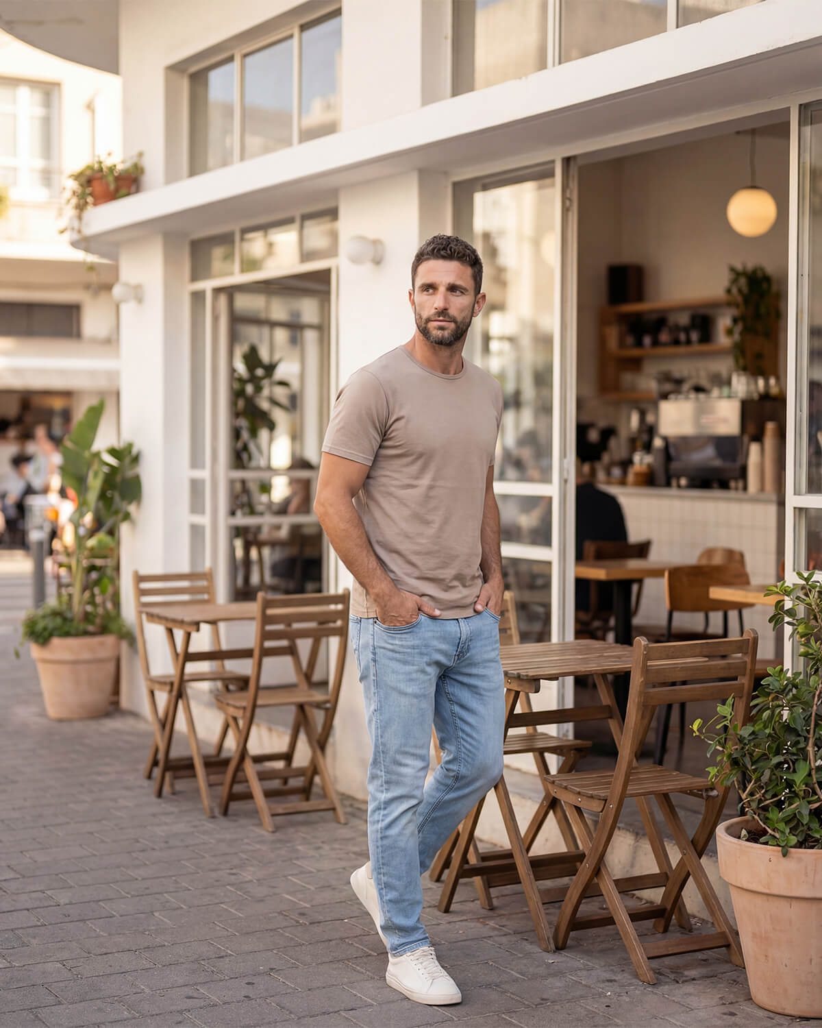 חולצת במבוק לגבר בצבע חום צווארון דק