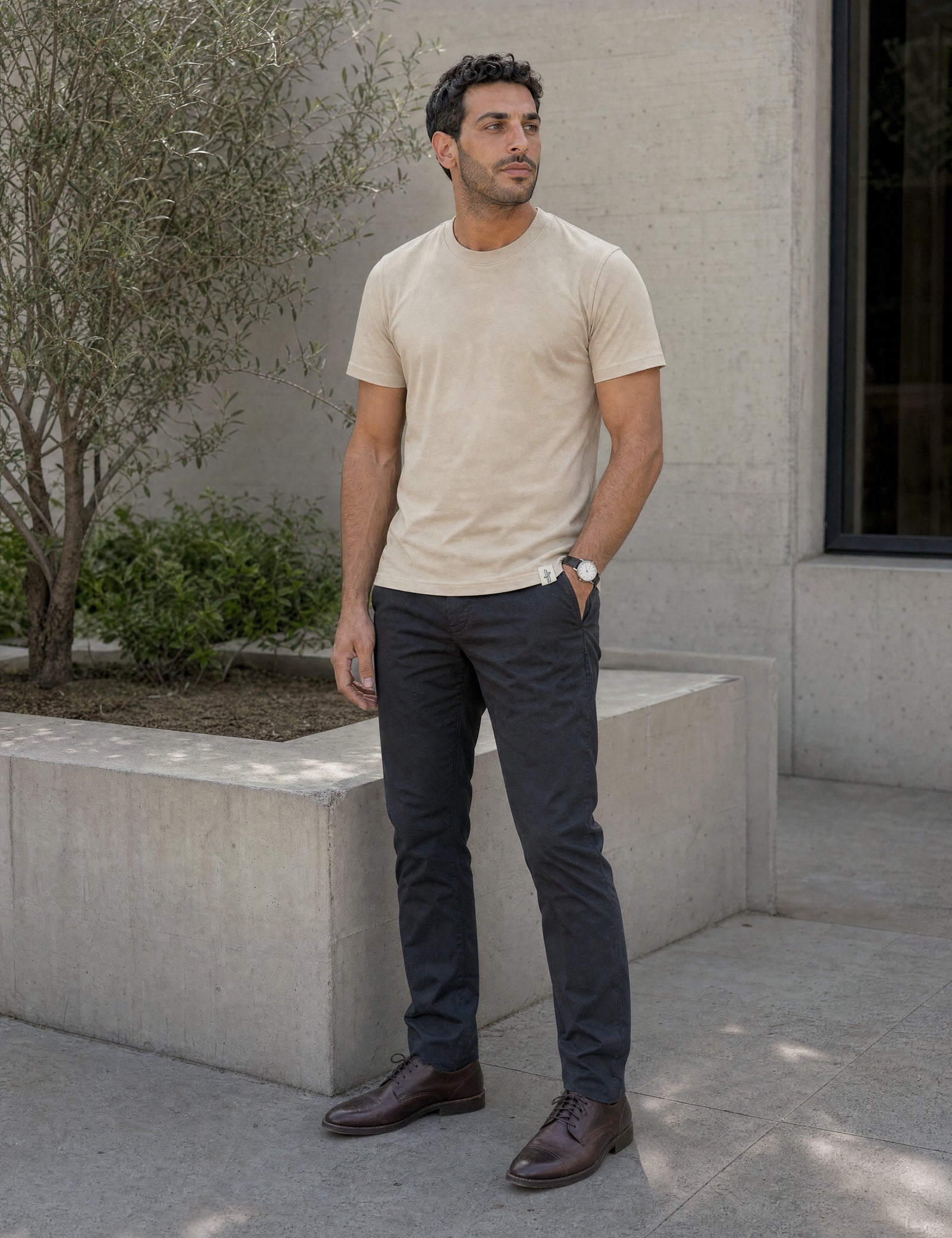 LUKACHARI beige thick collar bamboo t-shirt on model full length