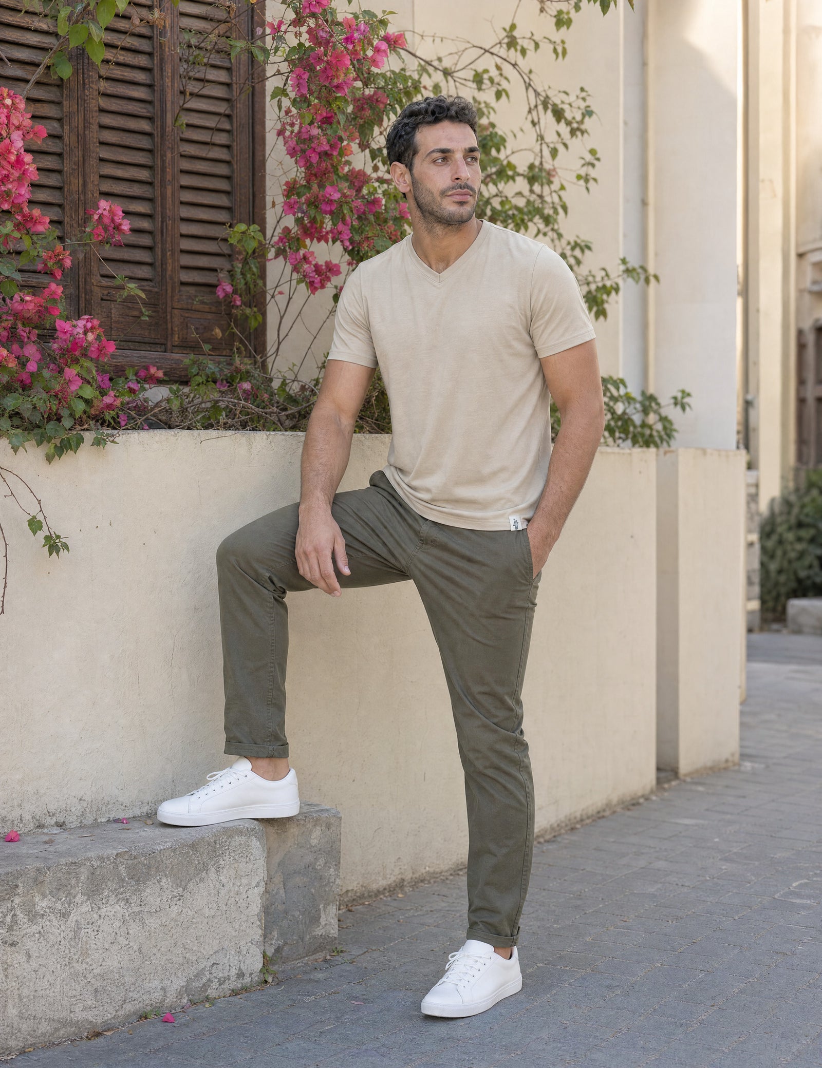 LUKACHARI beige V-neck bamboo t-shirt on model full length
