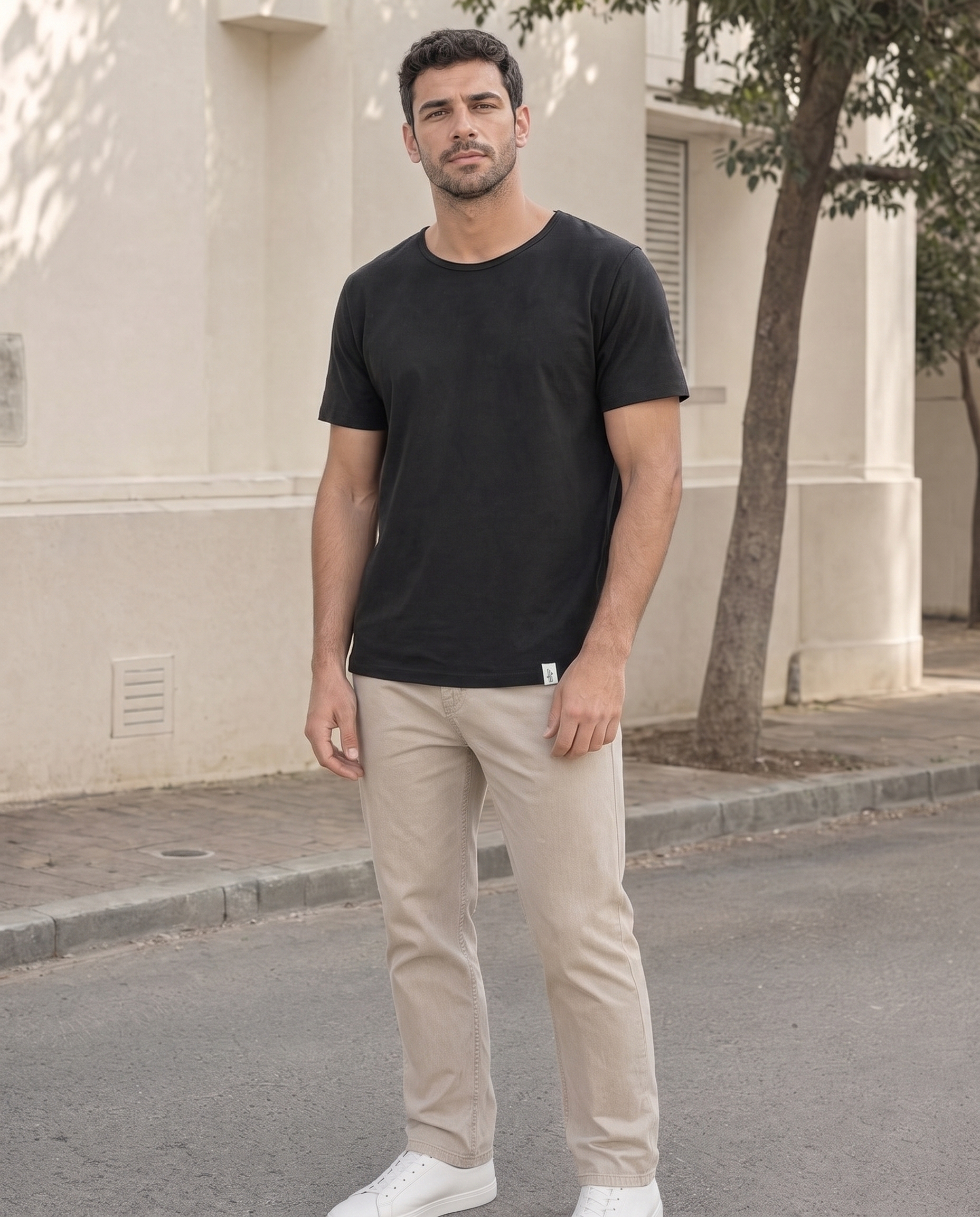 LUKACHARI black thin collar bamboo t-shirt on model