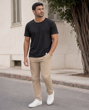 LUKACHARI black thin collar bamboo t-shirt on model full length