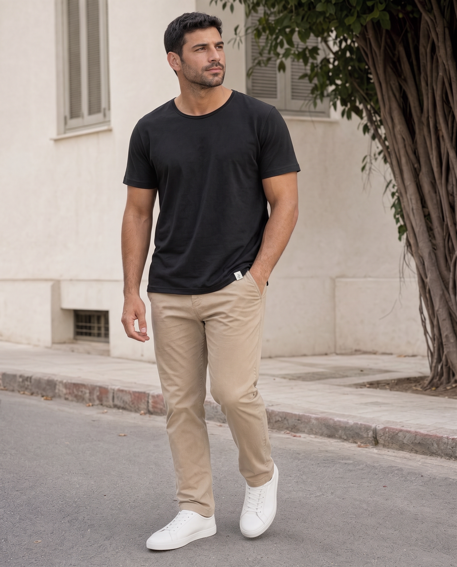 LUKACHARI black thin collar bamboo t-shirt on model full length