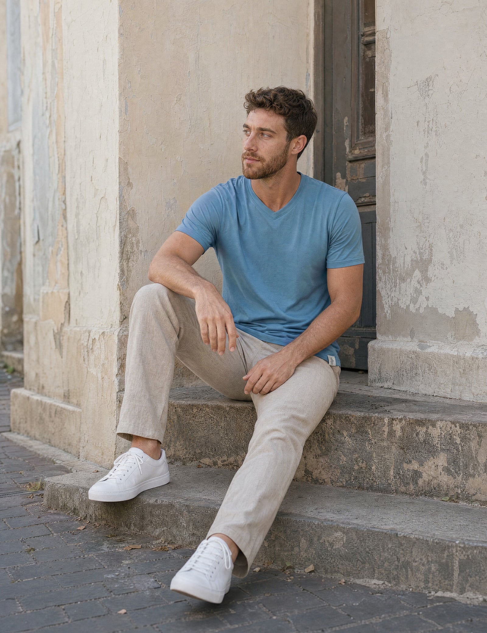 LUKACHARI light blue V-neck bamboo t-shirt on model full length