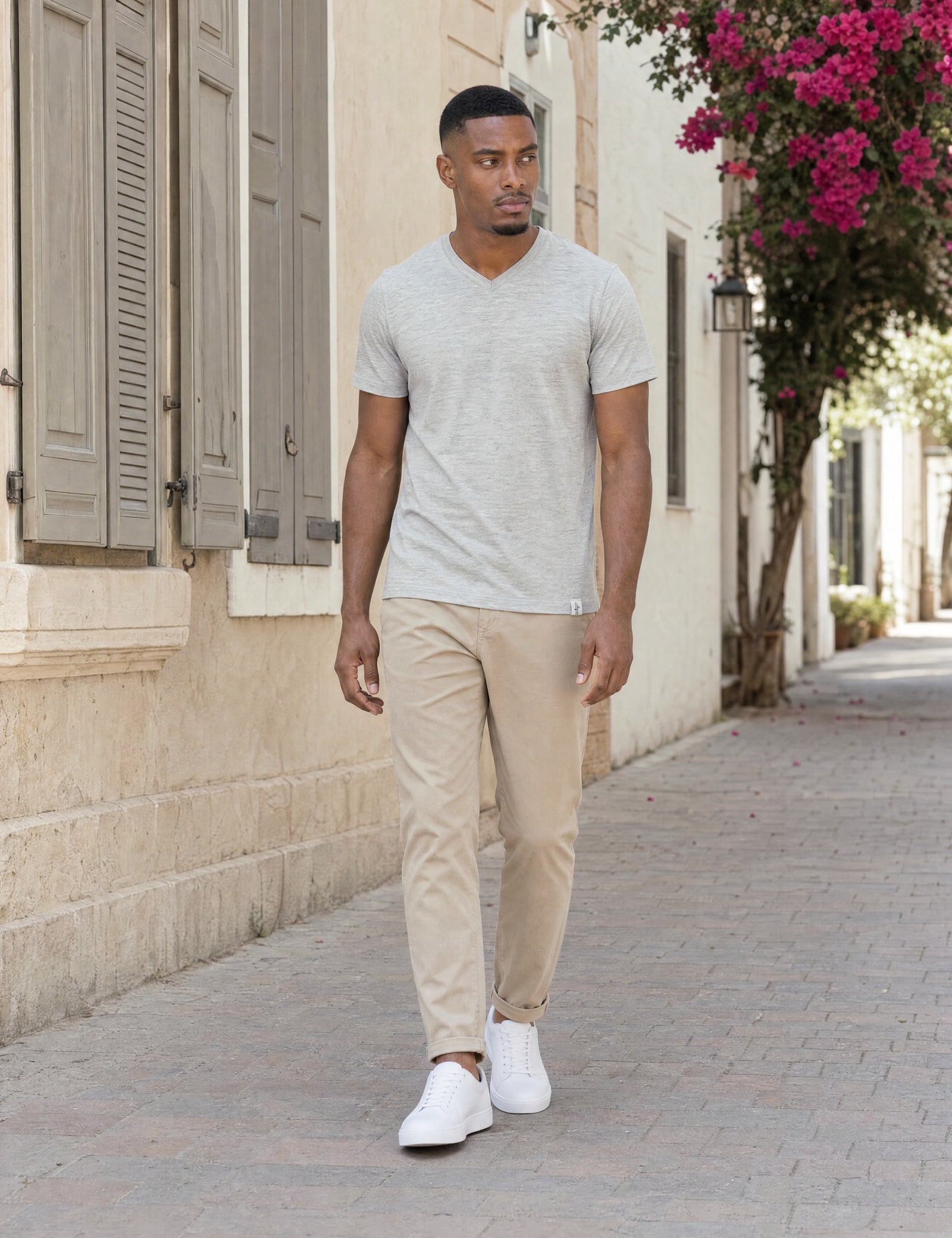 LUKACHARI light grey V-neck bamboo t-shirt on model full length