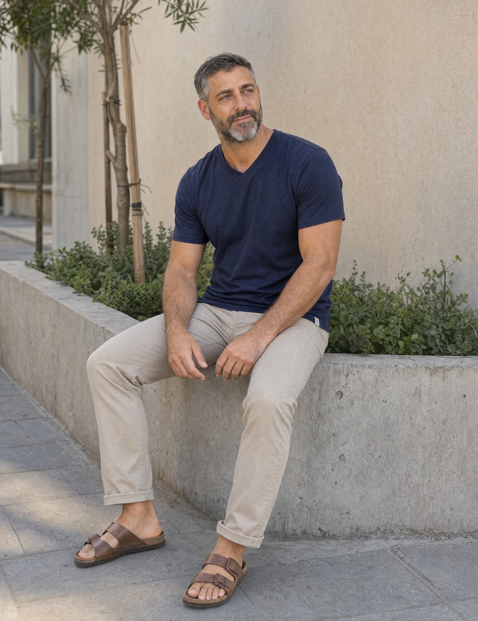 LUKACHARI navy V-neck bamboo t-shirt on model full length