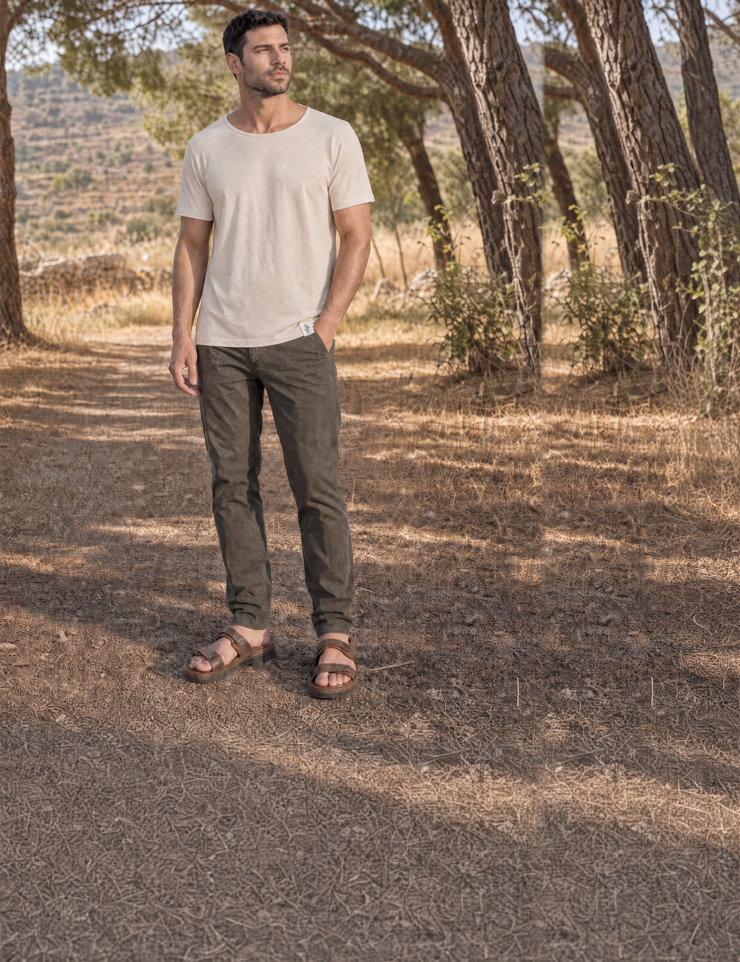 LUKACHARI beige thin collar bamboo t-shirt on model full length