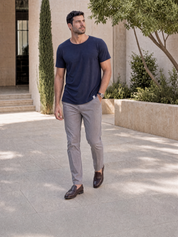 LUKACHARI navy thin collar bamboo t-shirt on model full length
