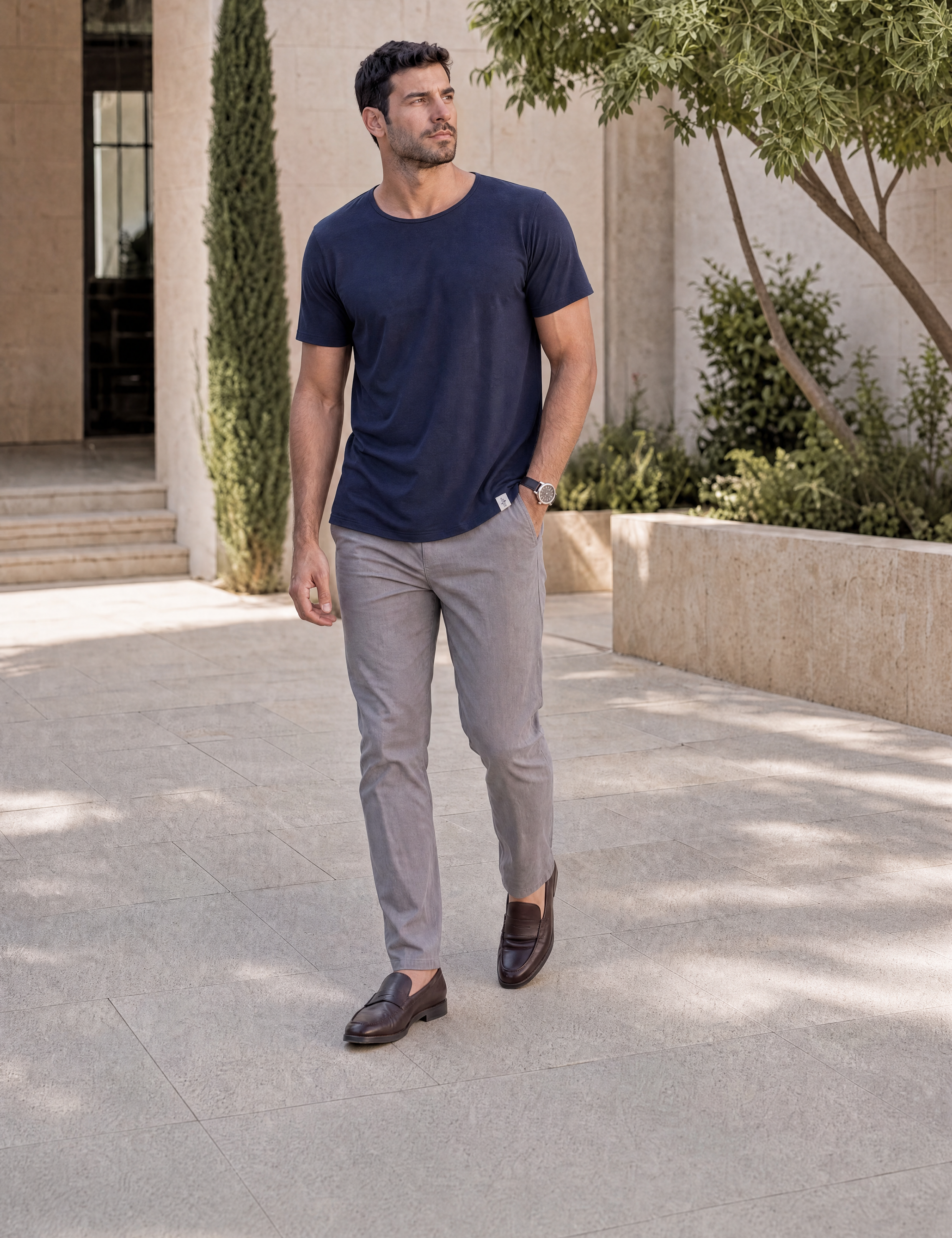LUKACHARI navy thin collar bamboo t-shirt on model full length