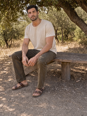 LUKACHARI beige thin collar bamboo t-shirt on model