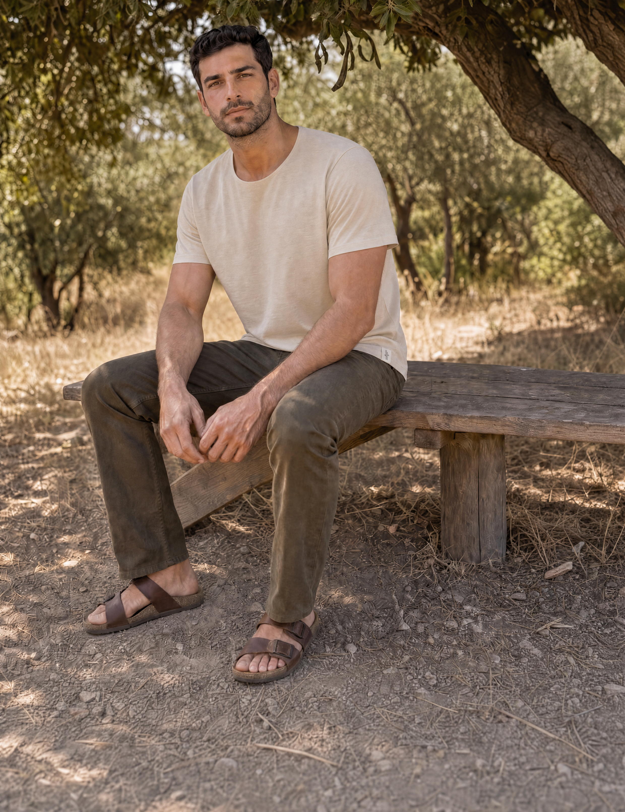LUKACHARI beige thin collar bamboo t-shirt on model