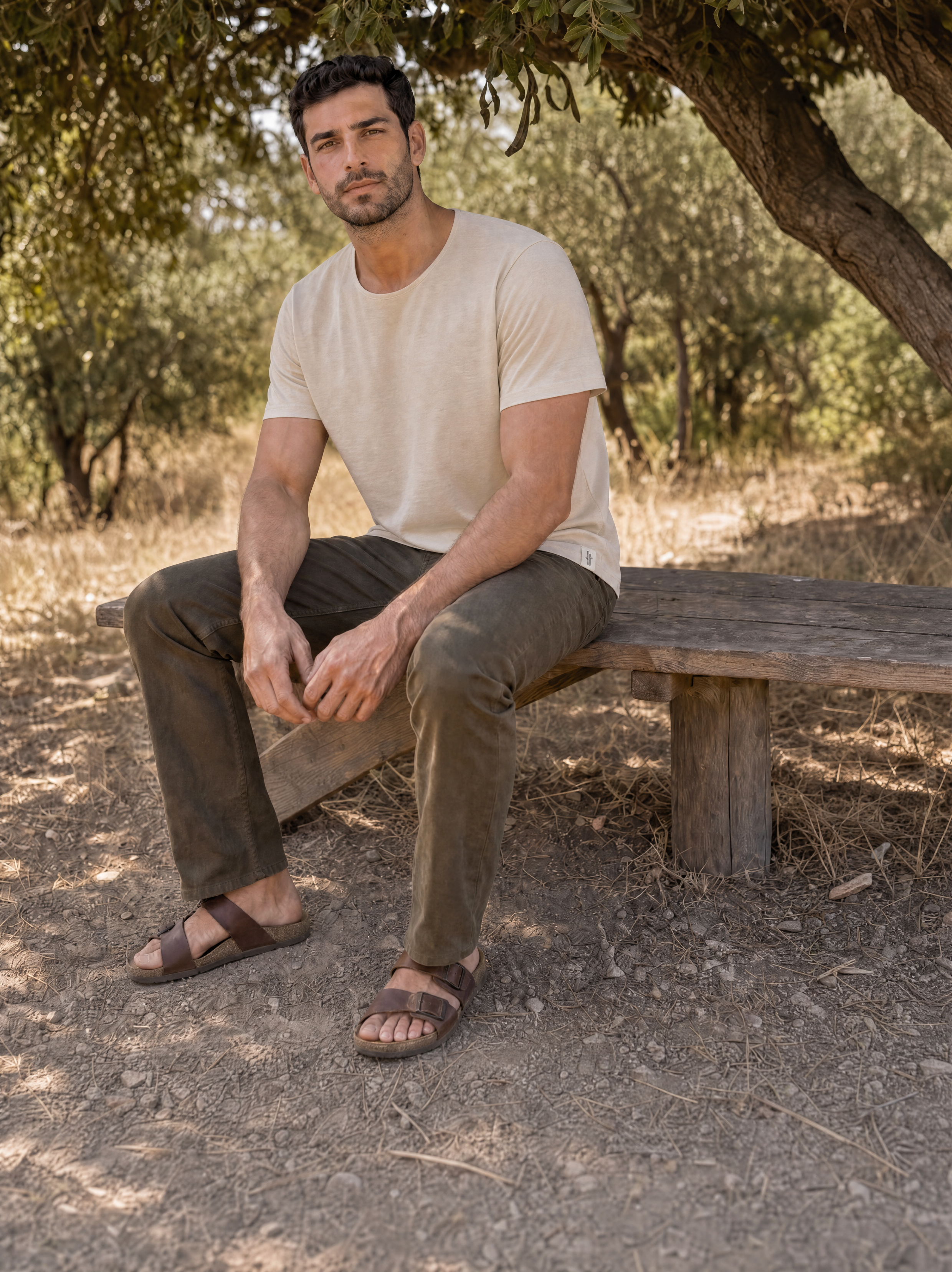 LUKACHARI beige thin collar bamboo t-shirt on model