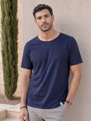 LUKACHARI navy thin collar bamboo t-shirt on model