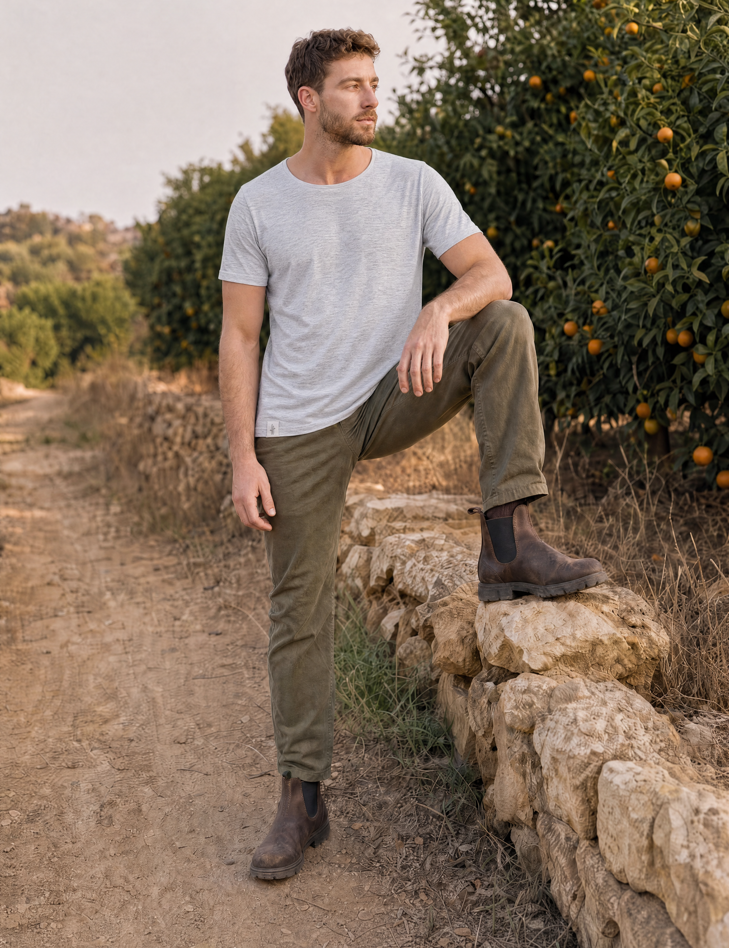LUKACHARI light grey thin collar bamboo t-shirt on model full length