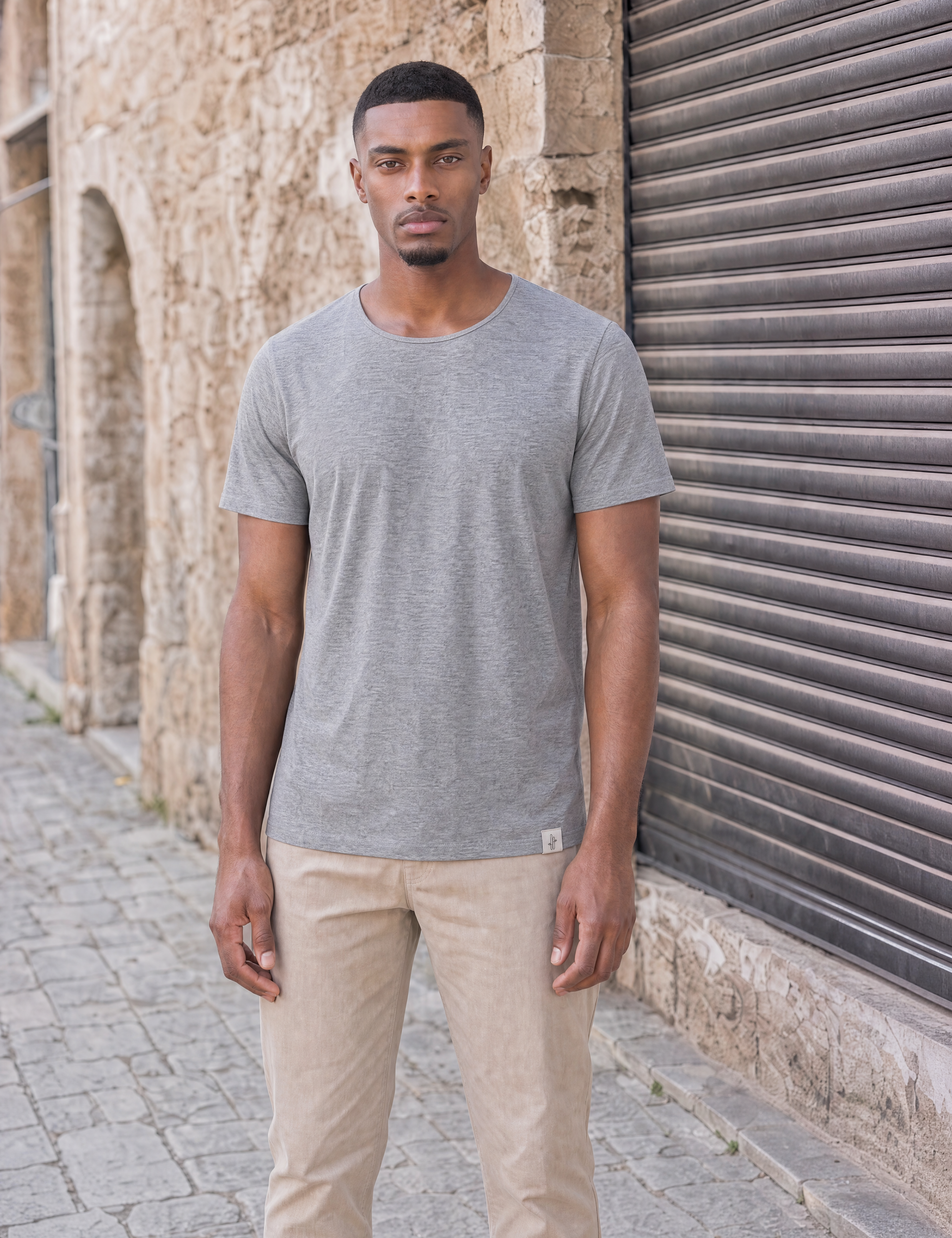 LUKACHARI dark grey thin collar bamboo t-shirt on model