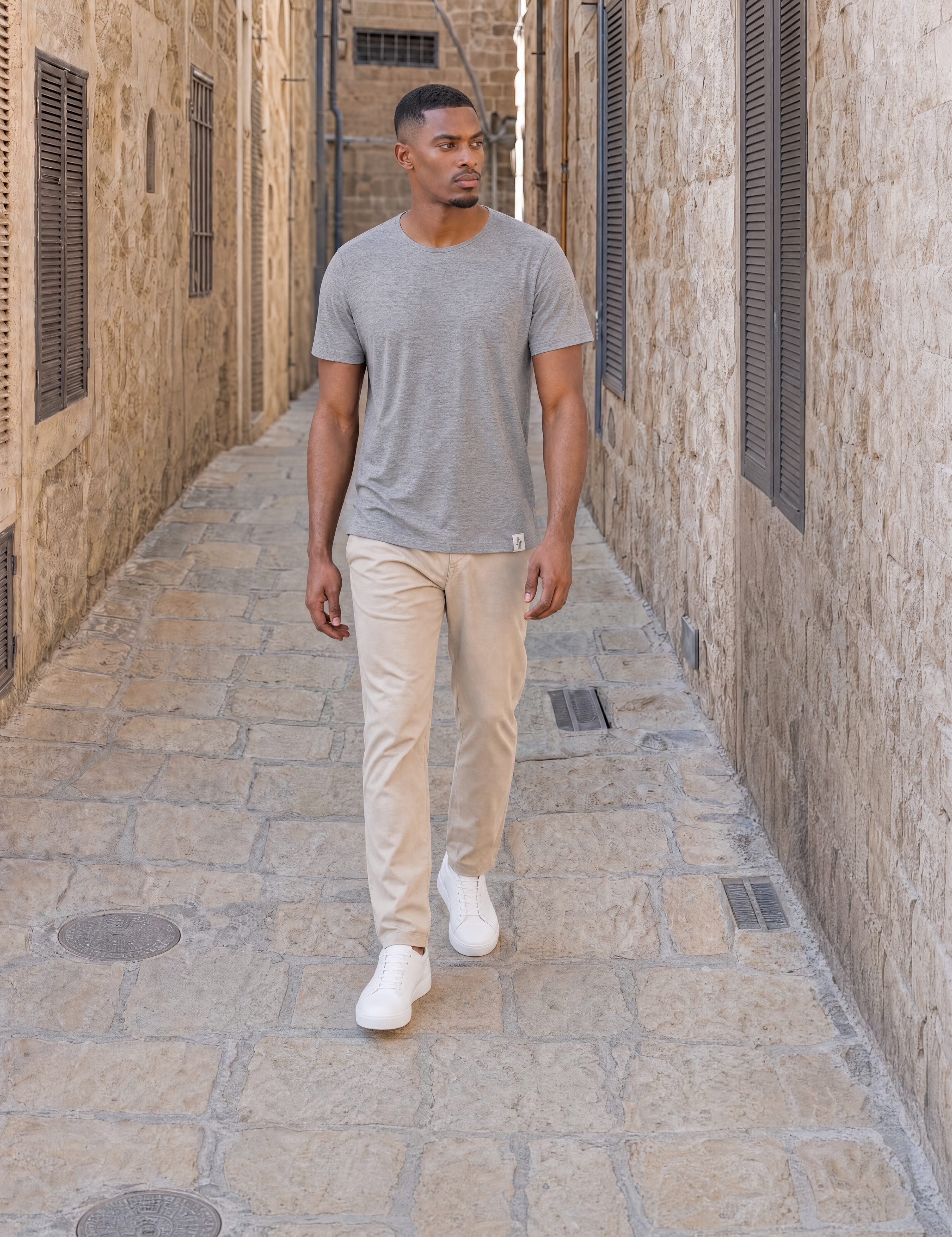 LUKACHARI dark grey thin collar bamboo t-shirt on model full length