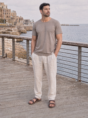 LUKACHARI brown thin collar bamboo t-shirt on model full length