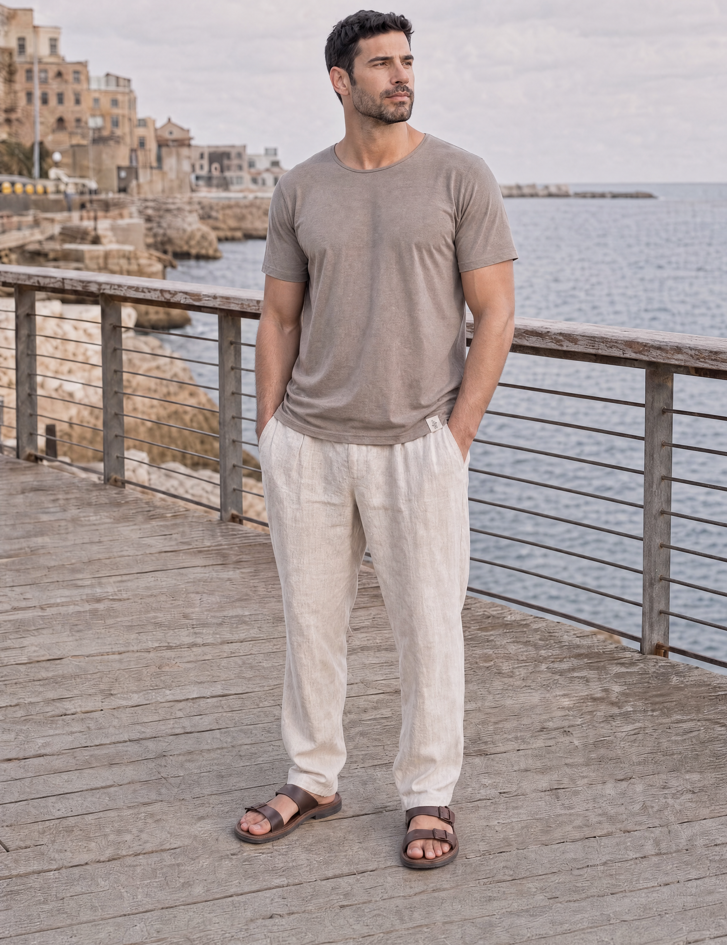 LUKACHARI brown thin collar bamboo t-shirt on model full length