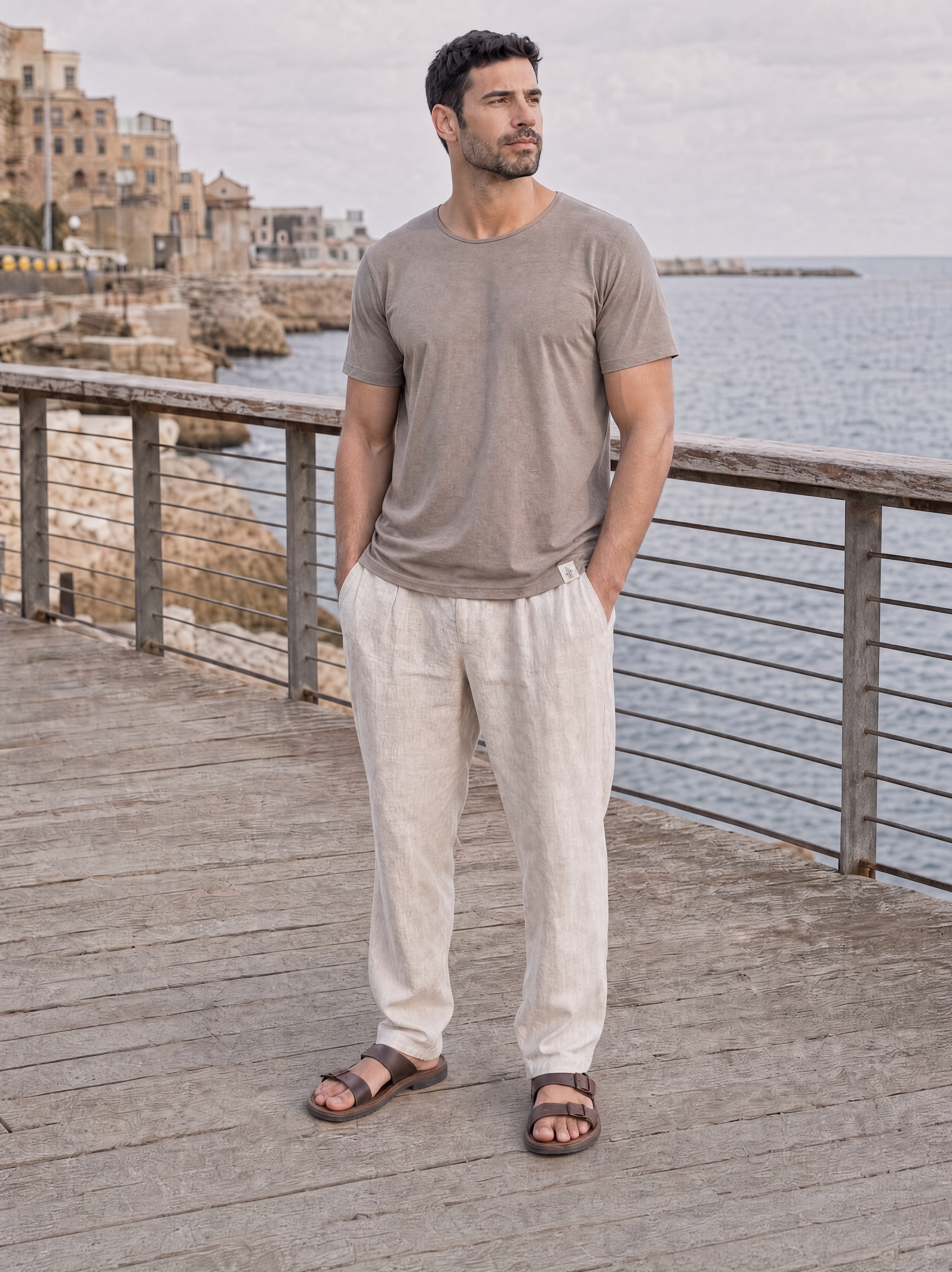 LUKACHARI brown thin collar bamboo t-shirt on model full length
