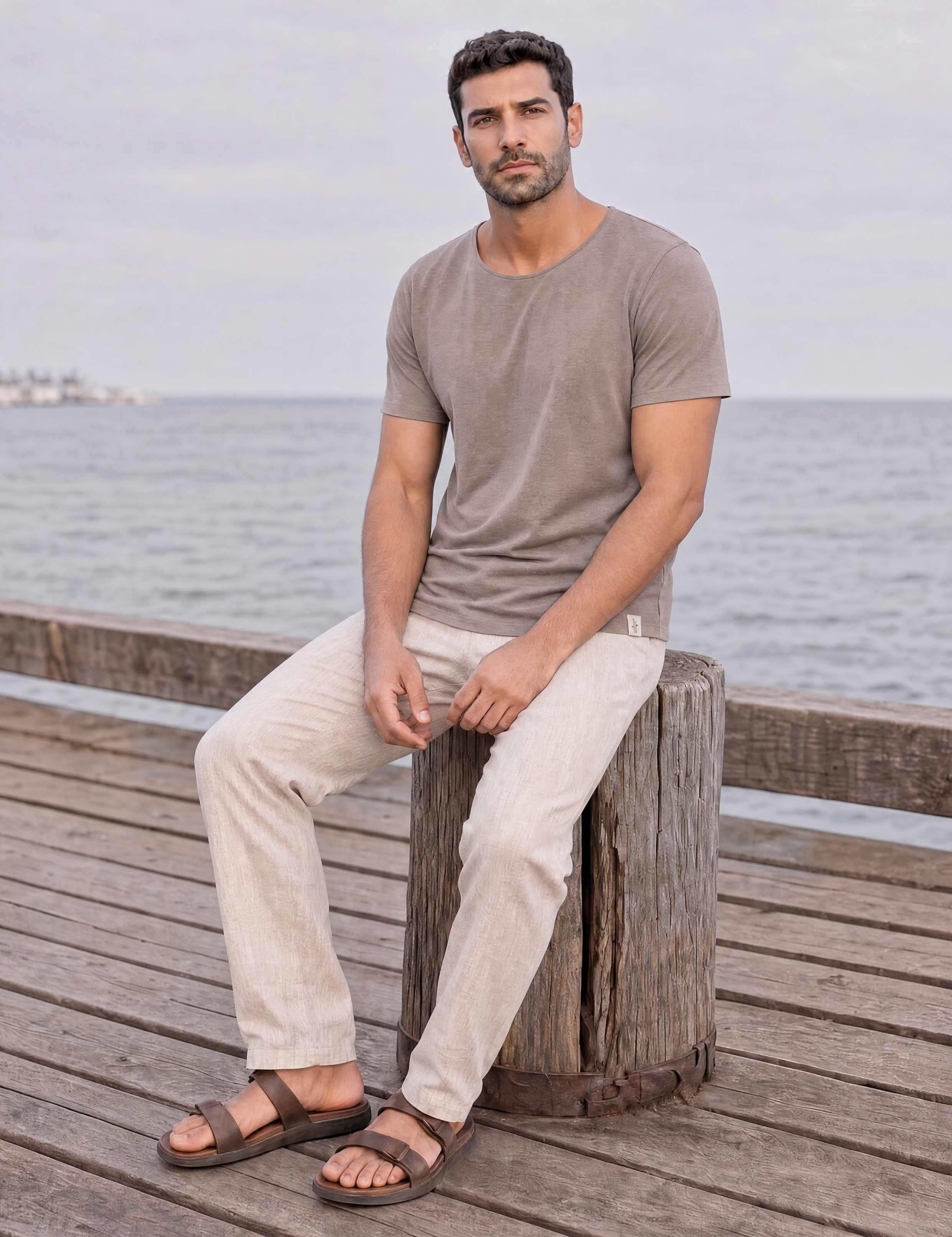 LUKACHARI brown thin collar bamboo t-shirt on model