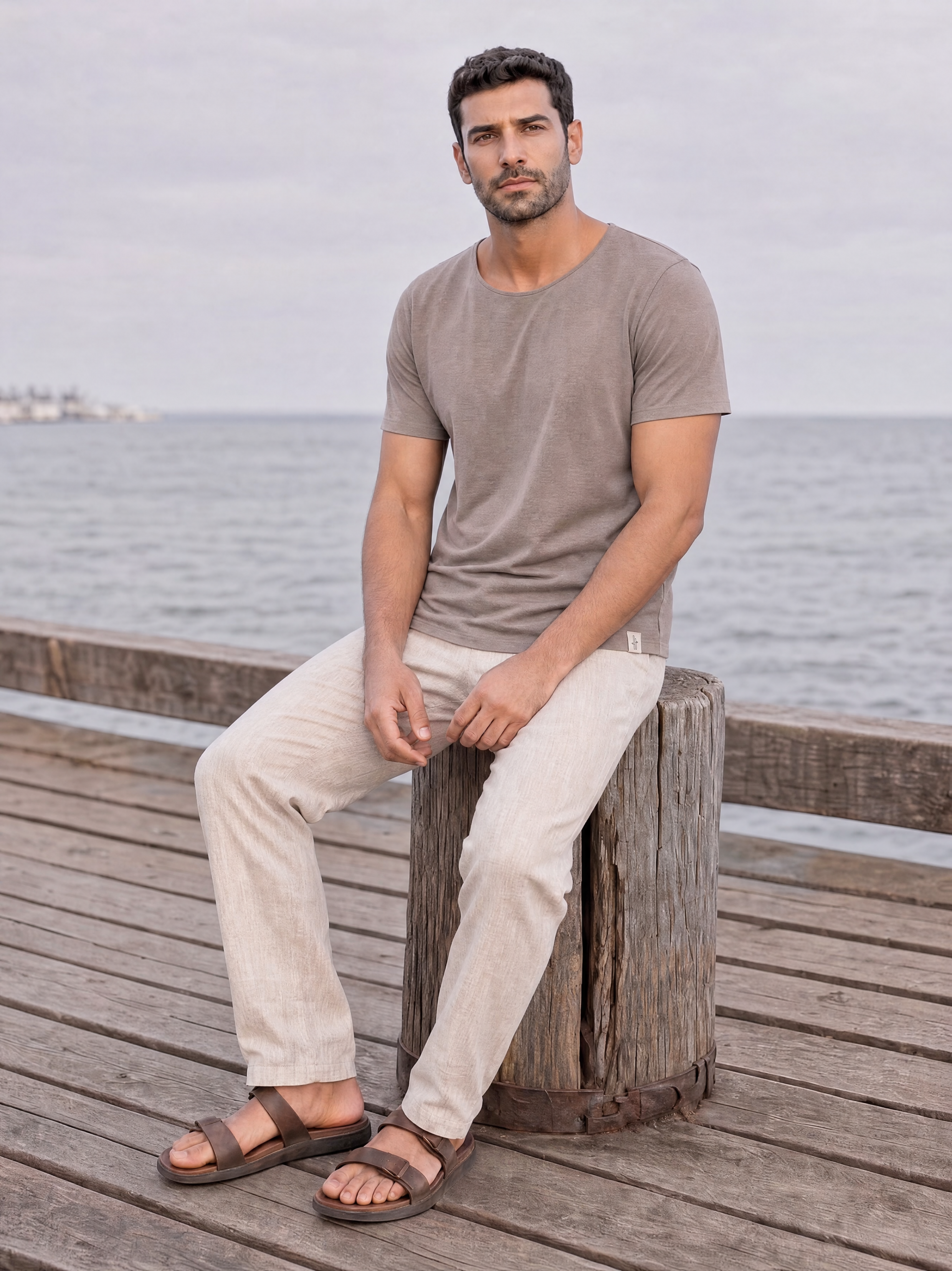 LUKACHARI brown thin collar bamboo t-shirt on model