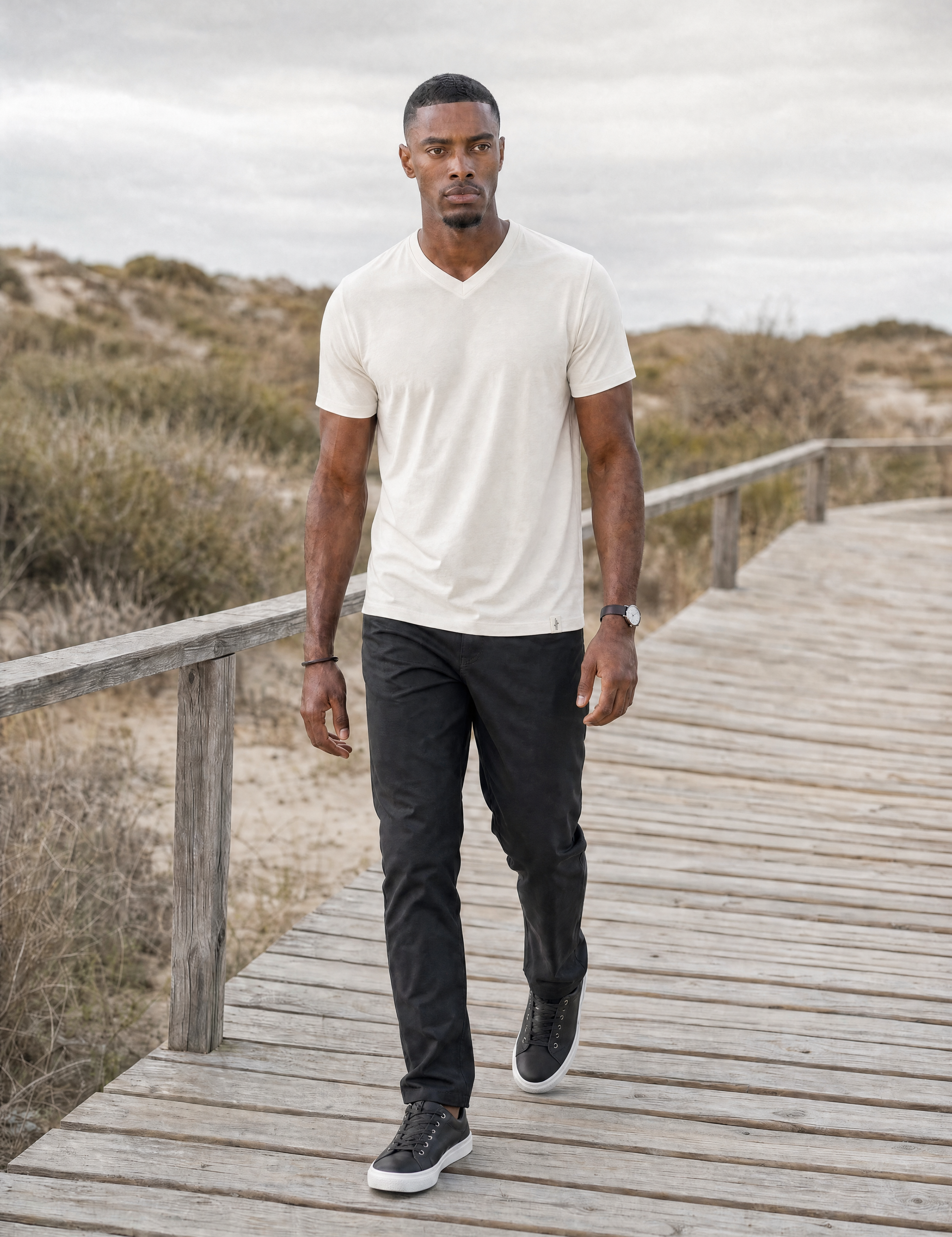 LUKACHARI off-white V-neck bamboo t-shirt on model full length