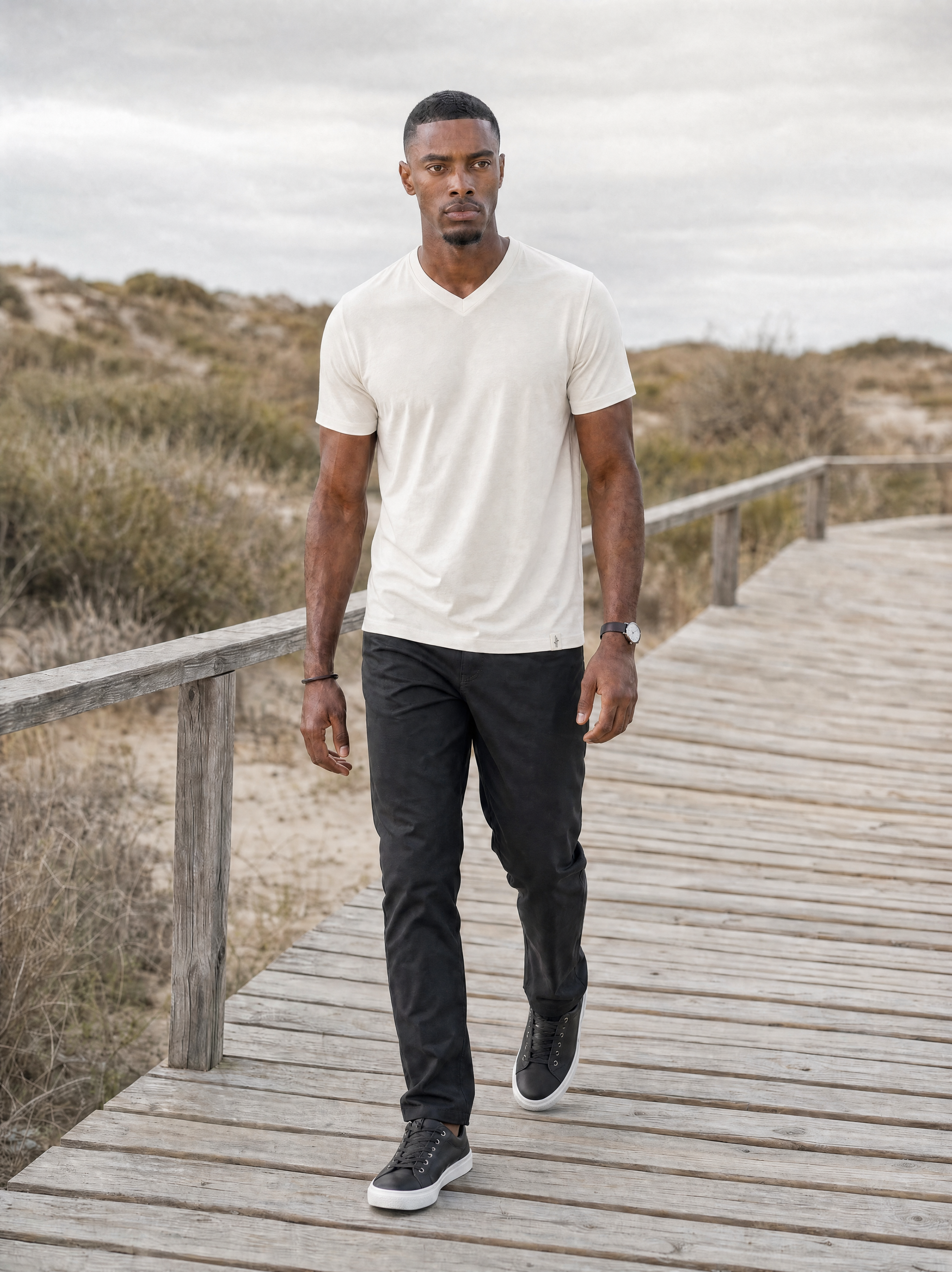 LUKACHARI off-white V-neck bamboo t-shirt on model full length