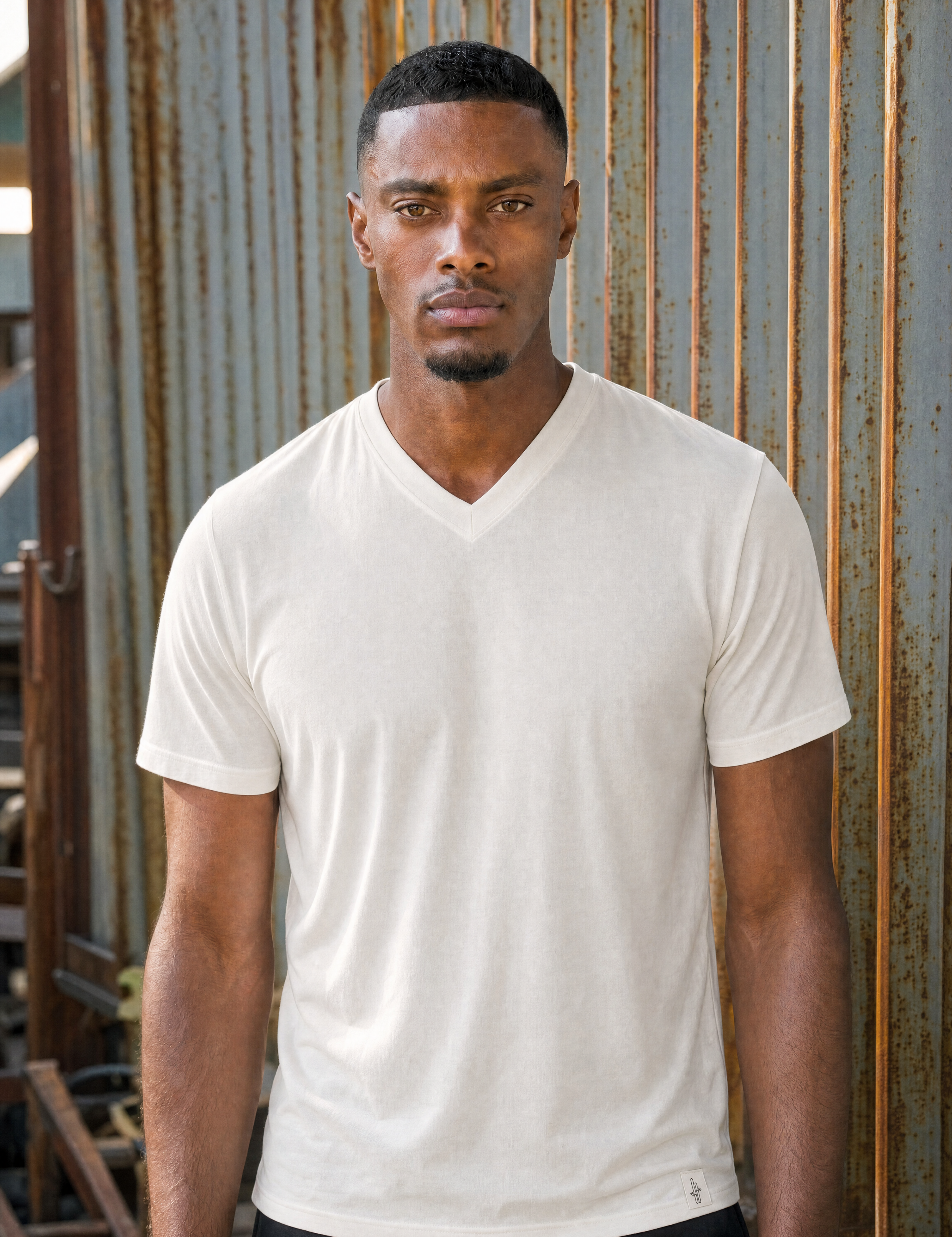 LUKACHARI off-white V-neck bamboo t-shirt on model