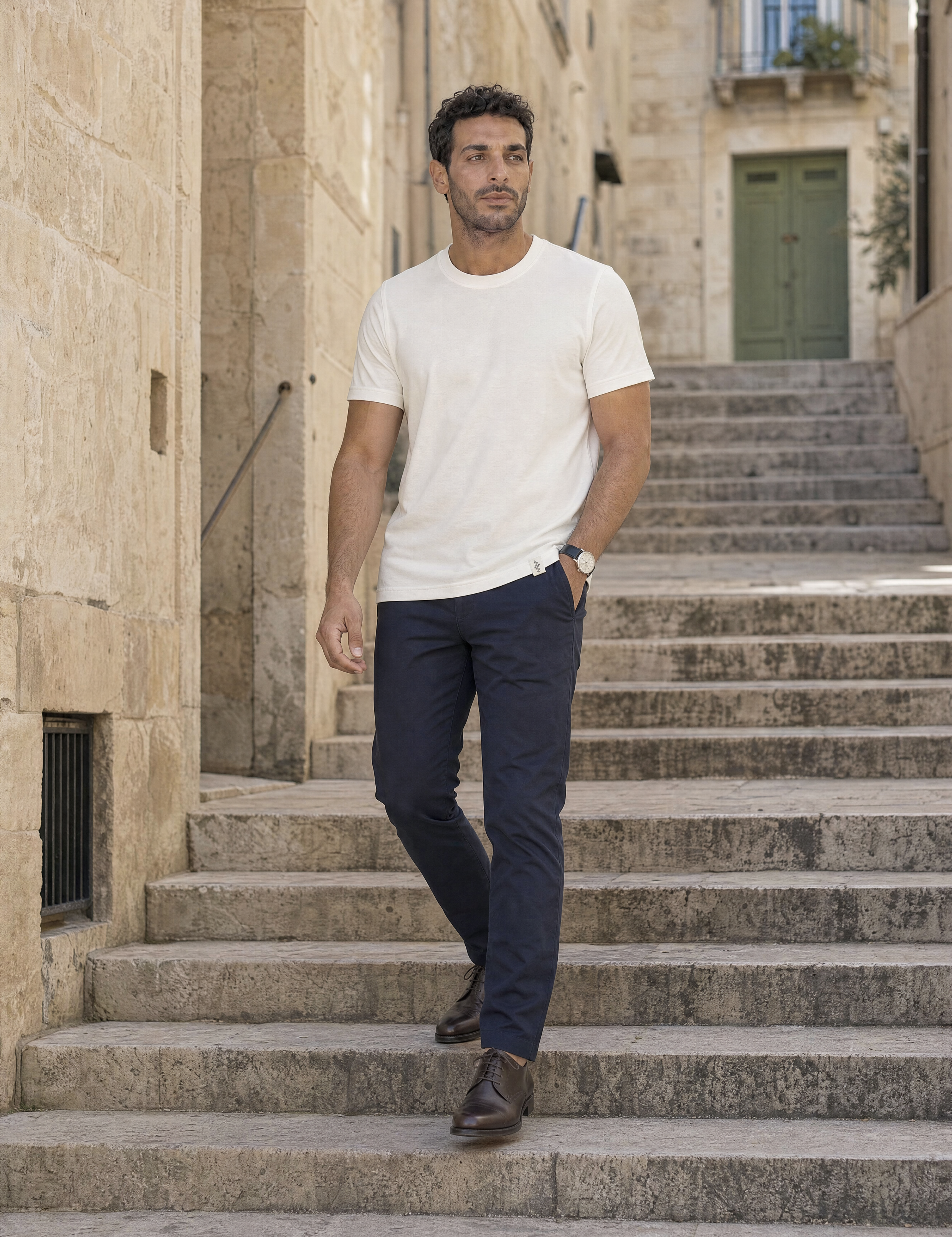 LUKACHARI off-white thick collar bamboo t-shirt on model full length
