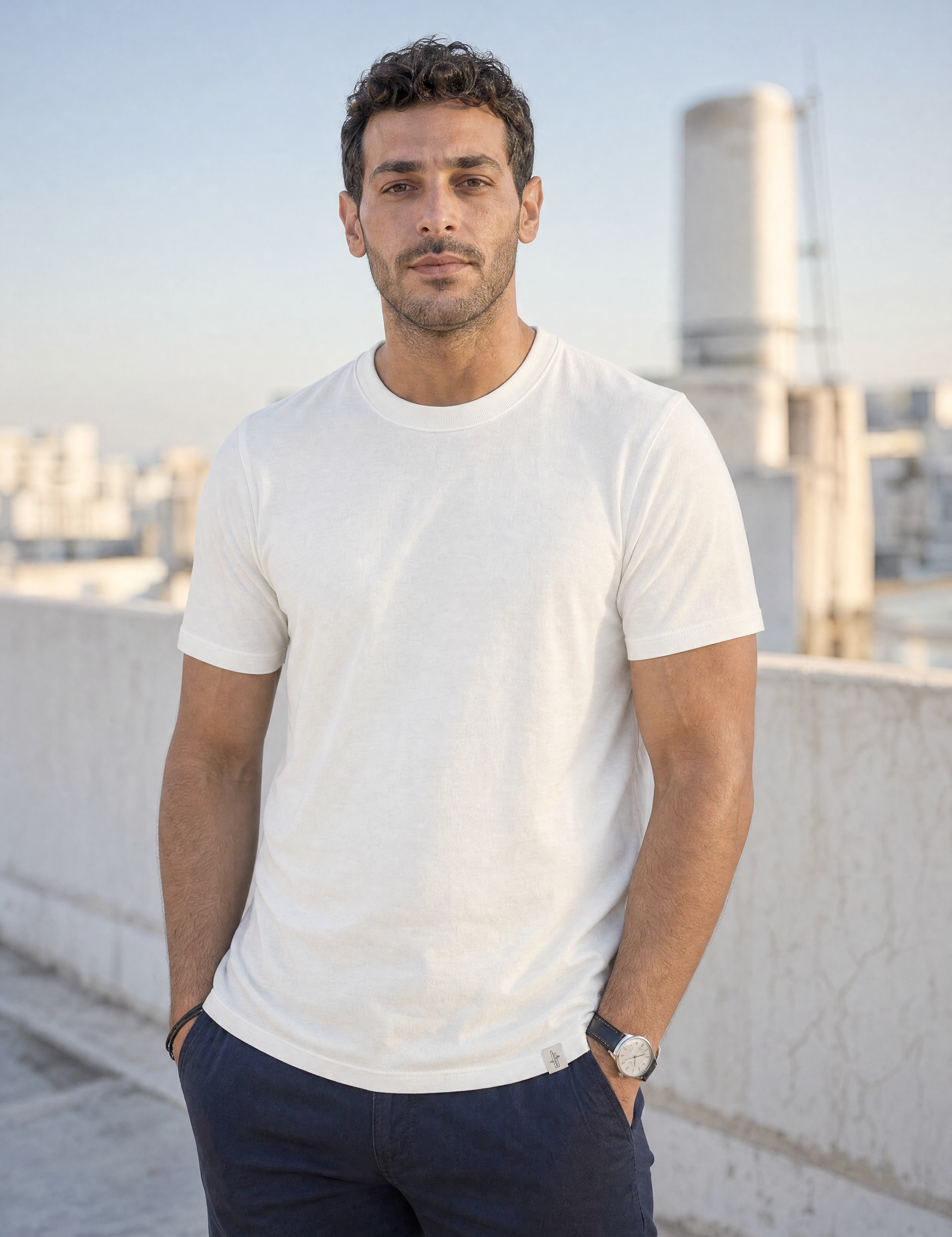 LUKACHARI off-white thick collar bamboo t-shirt on model
