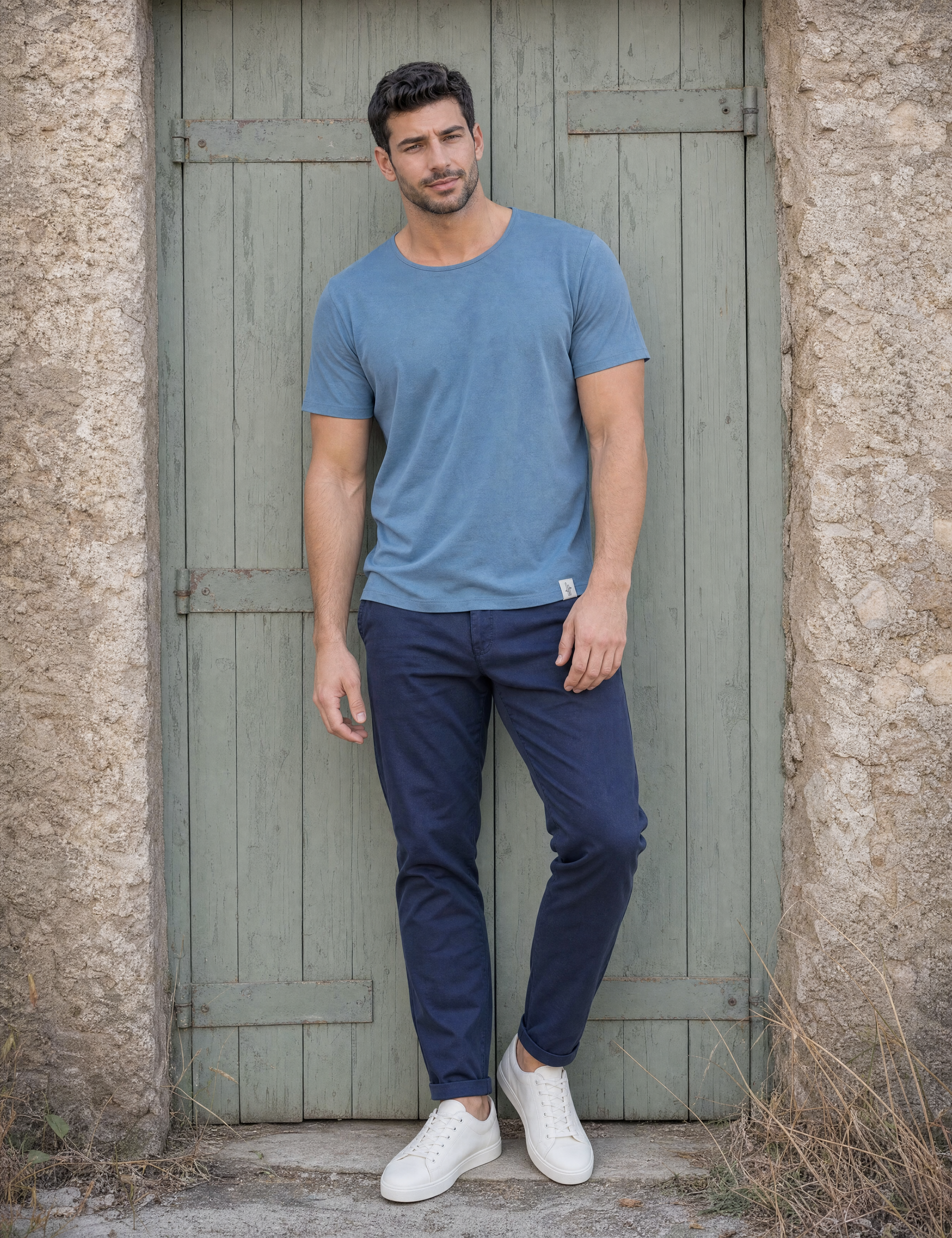 LUKACHARI blue thin collar bamboo t-shirt on model full length