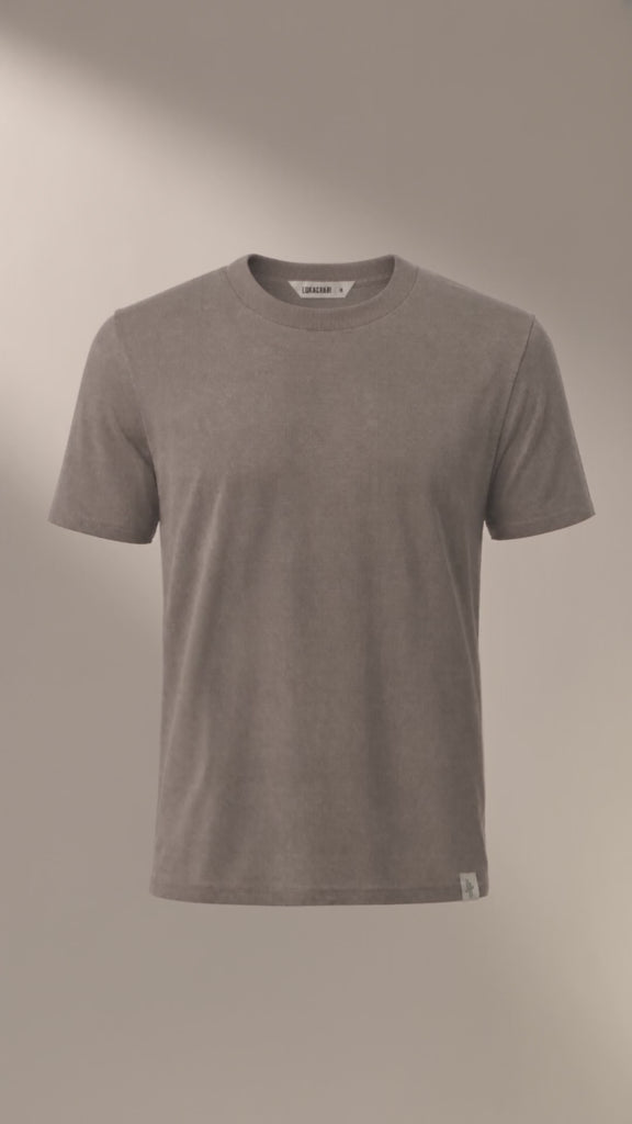 LUKACHARI product film, crew neck bamboo t-shirt in brown