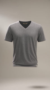 LUKACHARI product film, V-neck bamboo t-shirt in dark grey