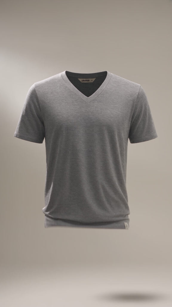 LUKACHARI product film, V-neck bamboo t-shirt in dark grey