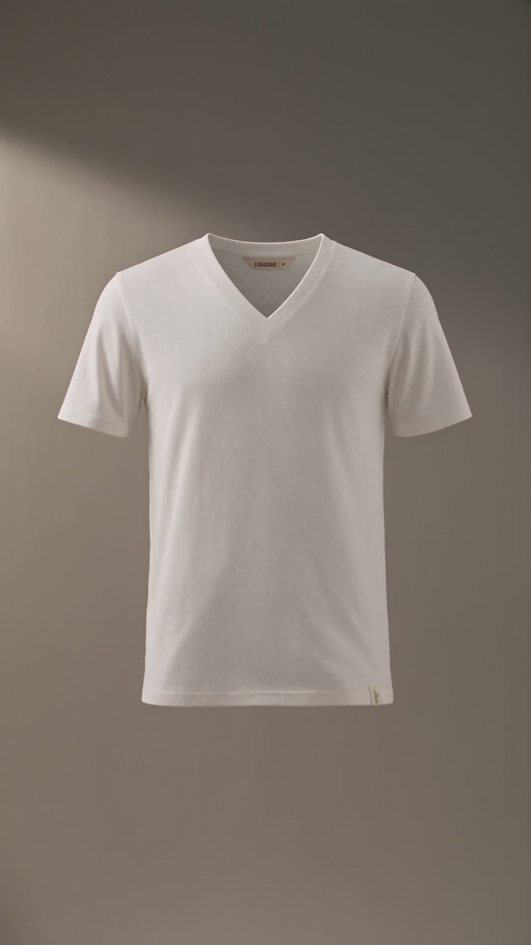 LUKACHARI product film, V-neck bamboo t-shirt in off-white