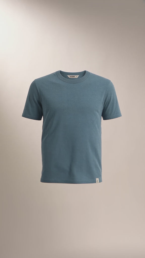 LUKACHARI product film, crew neck bamboo t-shirt in blue