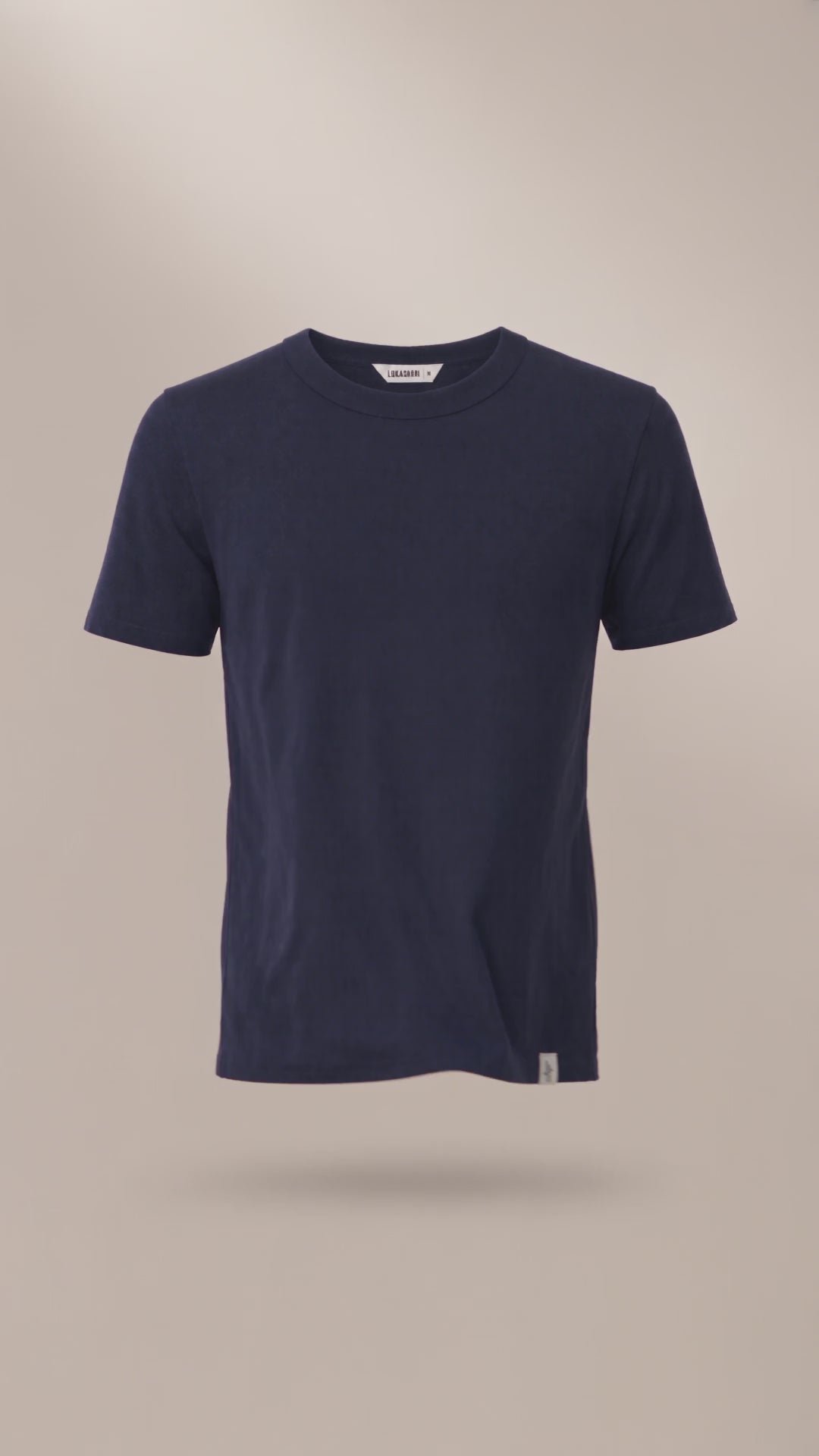 LUKACHARI product film, crew neck bamboo t-shirt in navy