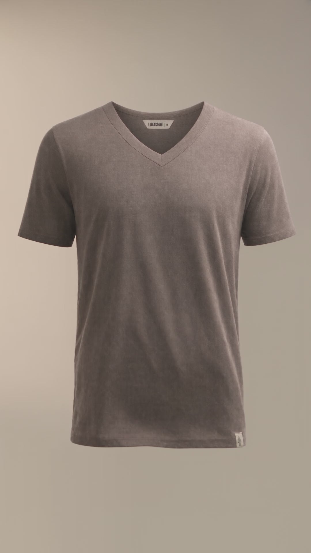 LUKACHARI product film, V-neck bamboo t-shirt in brown