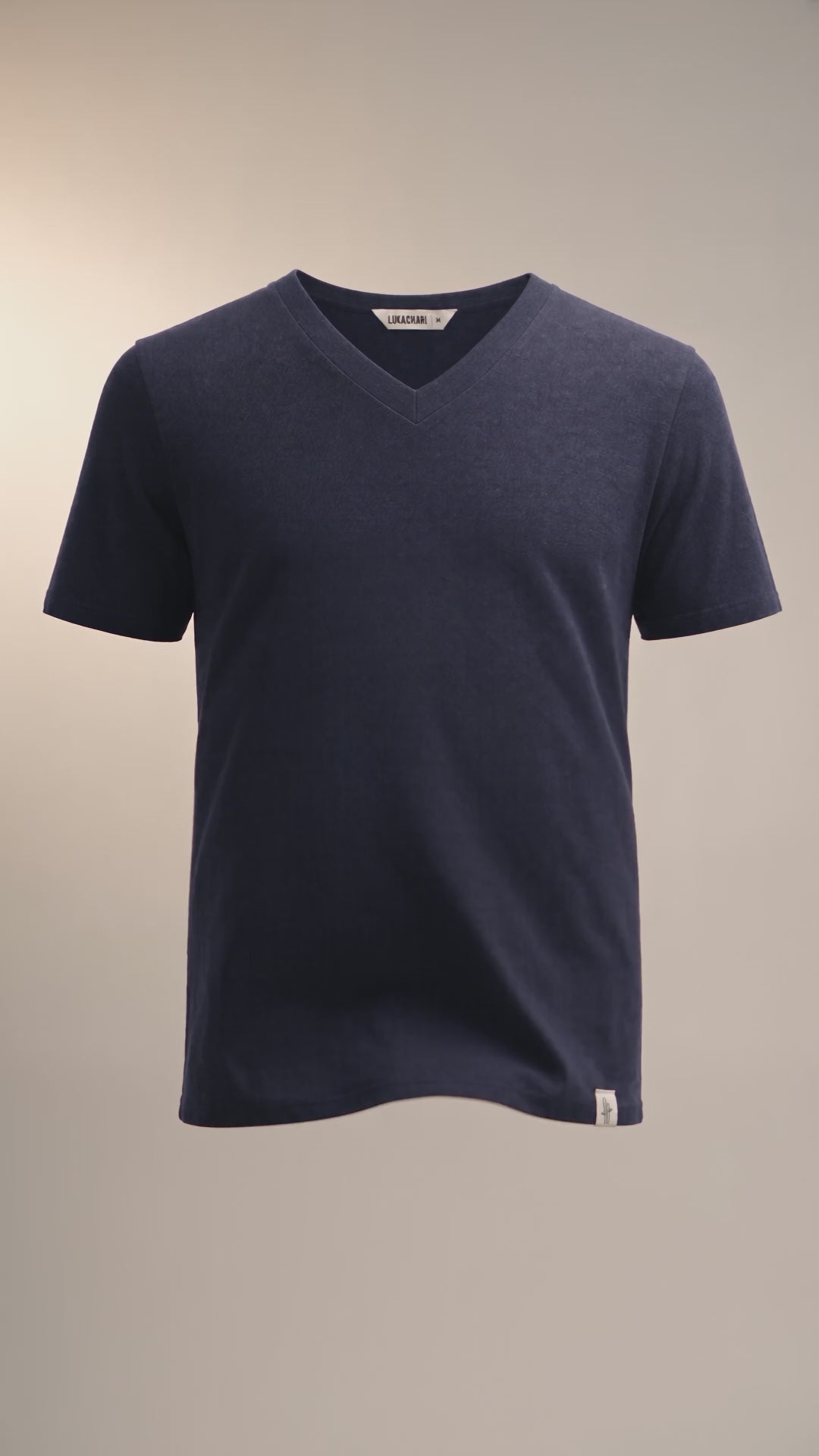 LUKACHARI product film, V-neck bamboo t-shirt in navy