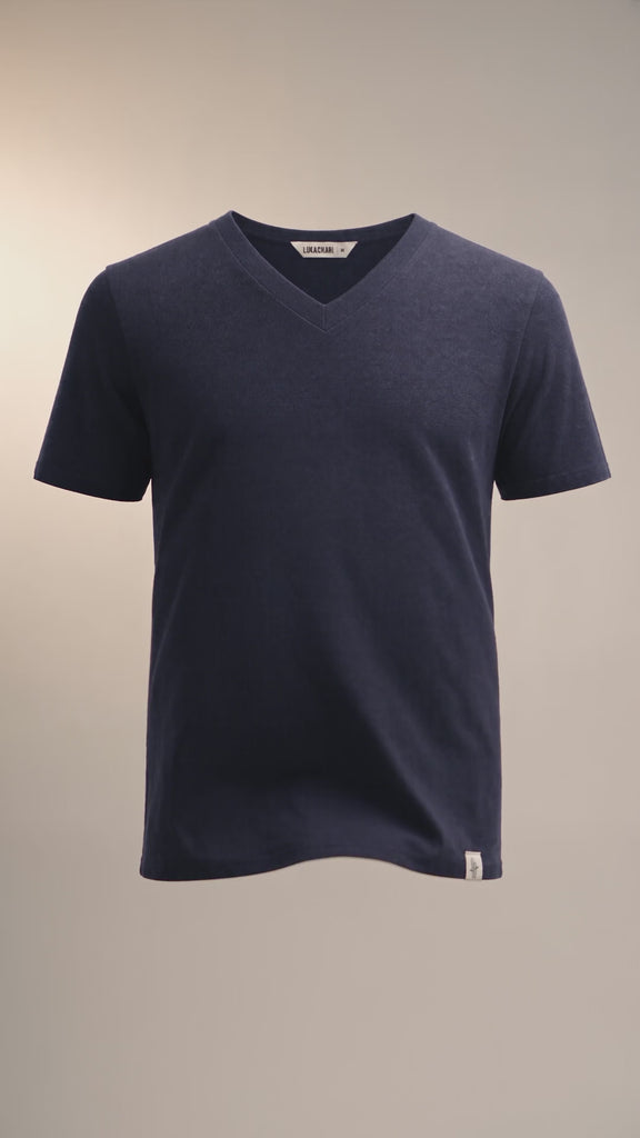 LUKACHARI product film, V-neck bamboo t-shirt in navy