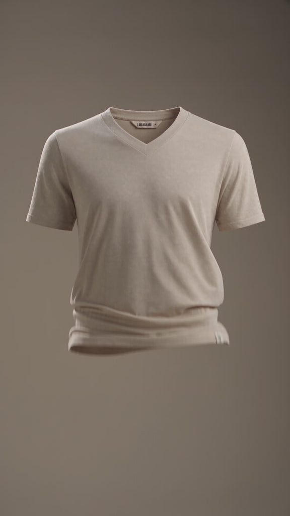 LUKACHARI product film, V-neck bamboo t-shirt in beige