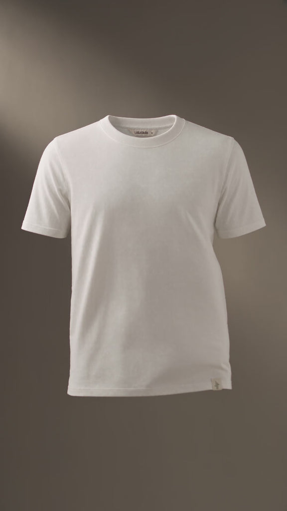 LUKACHARI product film, crew neck bamboo t-shirt in off-white